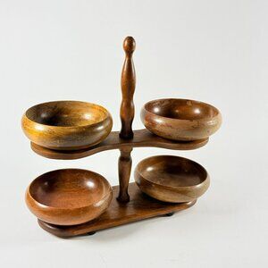 Vintage Giftime 4 Wooden Bowl Serving Set W/Tray Rotating Serving Stand Japan